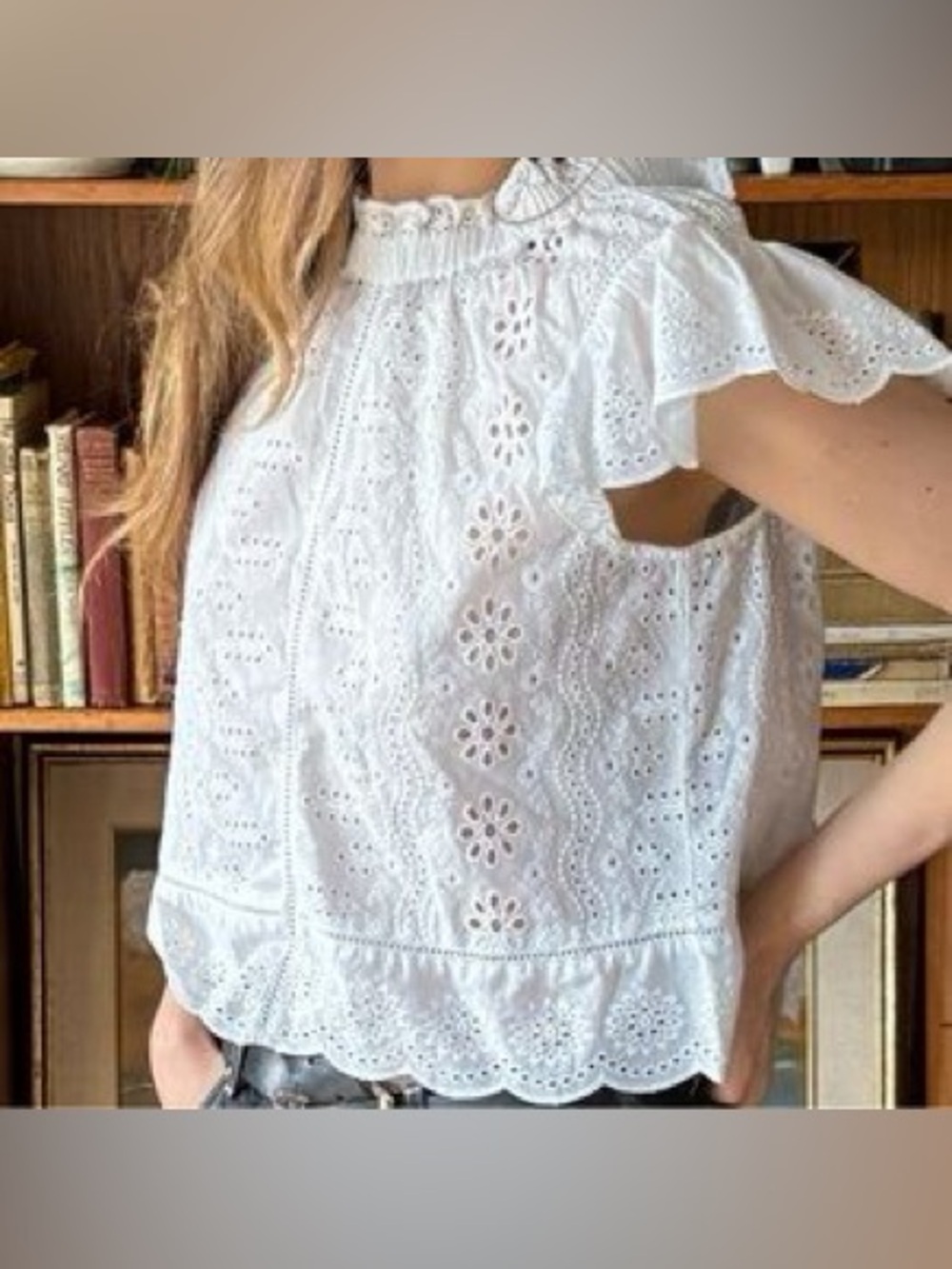 Bailey/44 100% Cotton Eyelet Romantic Ruffle Neck Blouse